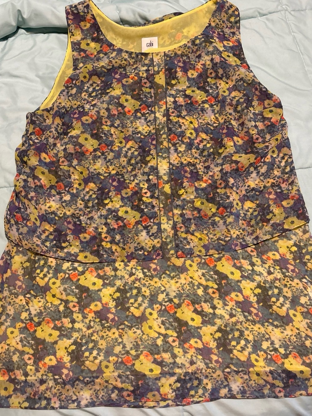 CAbi Yellow Floral Layered Sleeveless Shell with Blue watercolor Tunic